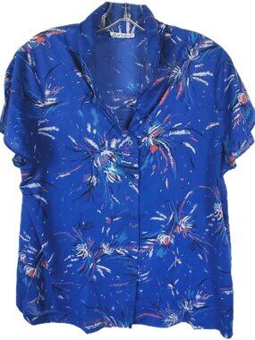 VTG 70s Ship 'n Shore Blue Abstract Firework Button Up Shirt Camp Collar L/XL